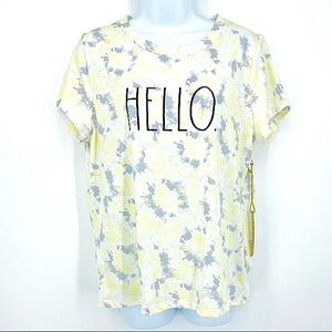 RAE DUNN Rare artist “HELLO”yellow tie dye relaxed tee size medium NWT